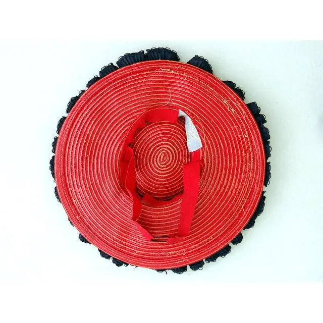 Vintage Red Straw Pancake Hat Navy Trim 1940s Louise Original