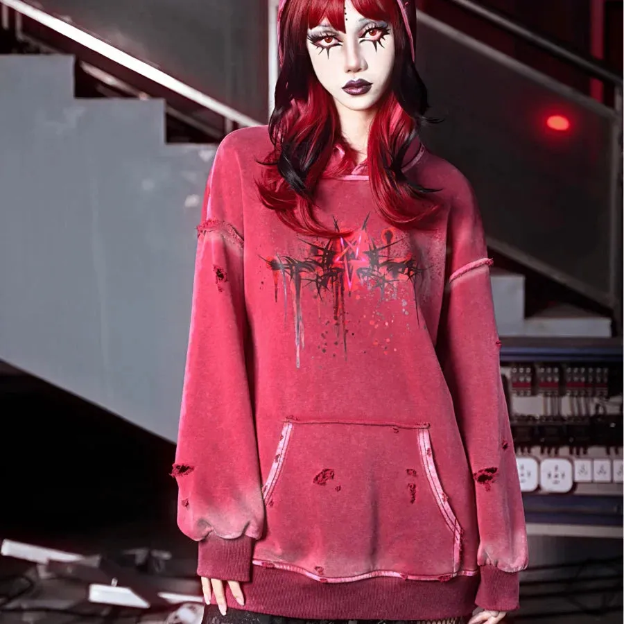 Winter Washed Terry Loop Printed Loose Long-sleeved Hoodie