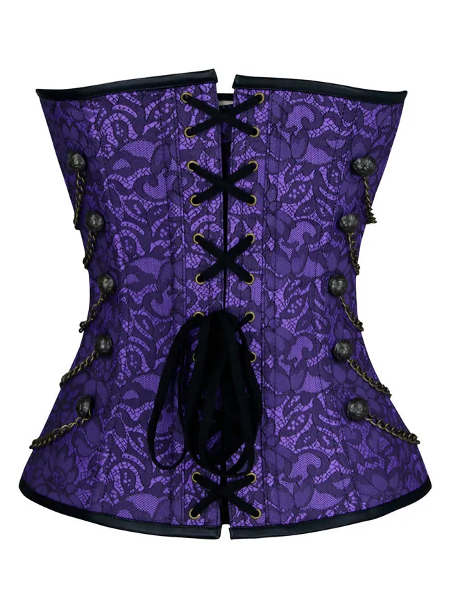 Women Steampunk Gothic Spiral Steel Bones Brocade Overbust Corset with Chains