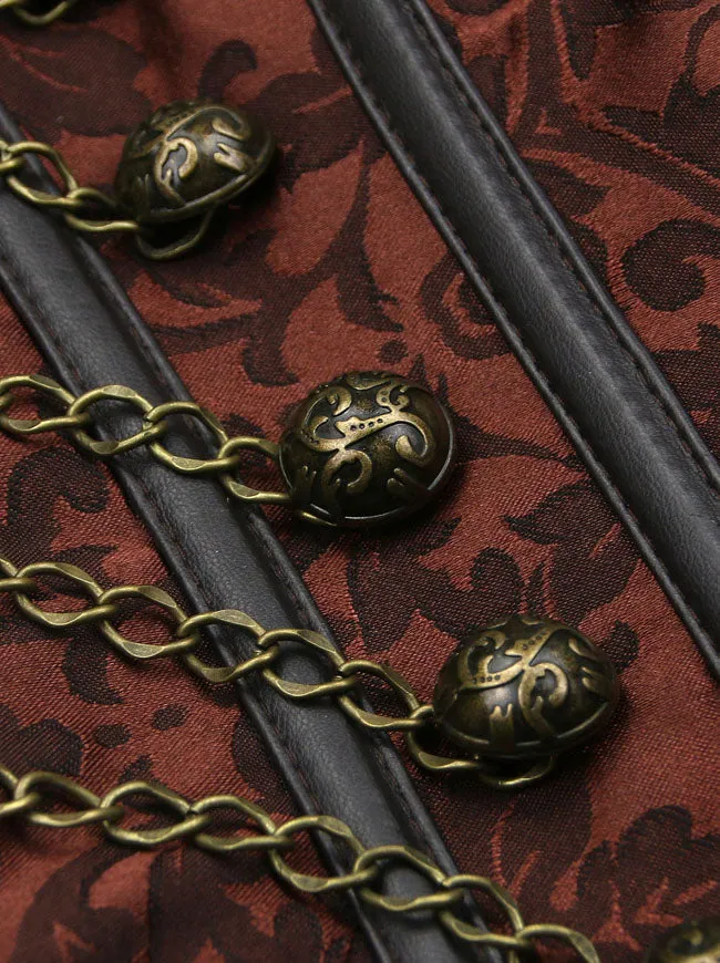 Women Steampunk Gothic Spiral Steel Bones Brocade Overbust Corset with Chains