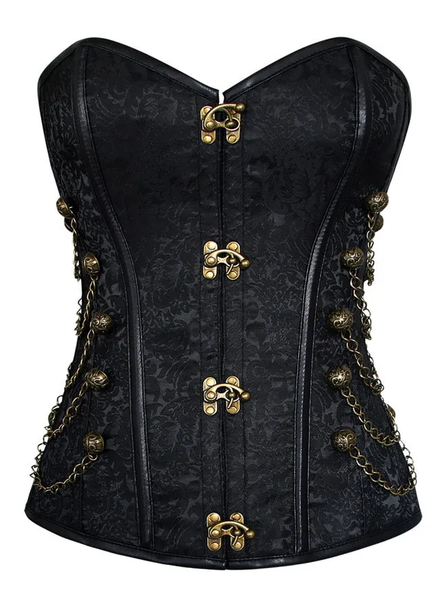 Women Steampunk Gothic Spiral Steel Bones Brocade Overbust Corset with Chains