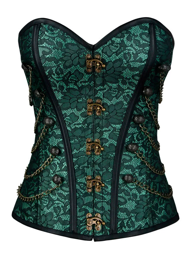 Women Steampunk Gothic Spiral Steel Bones Brocade Overbust Corset with Chains