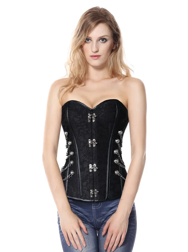 Women Steampunk Gothic Spiral Steel Bones Brocade Overbust Corset with Chains
