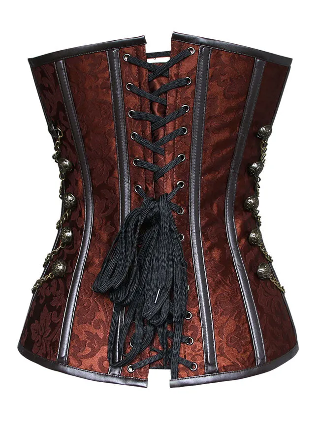Women Steampunk Gothic Spiral Steel Bones Brocade Overbust Corset with Chains