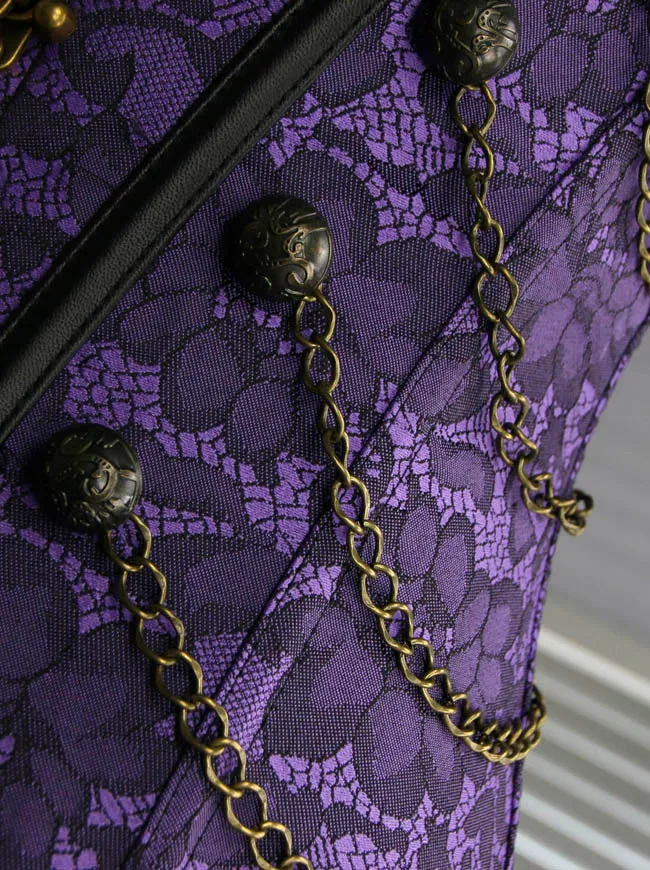 Women Steampunk Gothic Spiral Steel Bones Brocade Overbust Corset with Chains