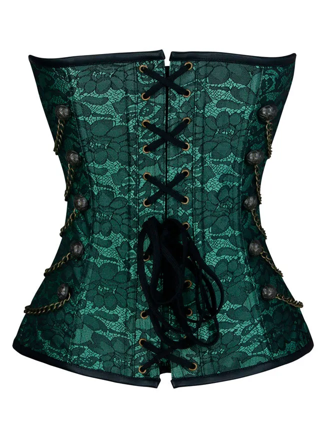 Women Steampunk Gothic Spiral Steel Bones Brocade Overbust Corset with Chains
