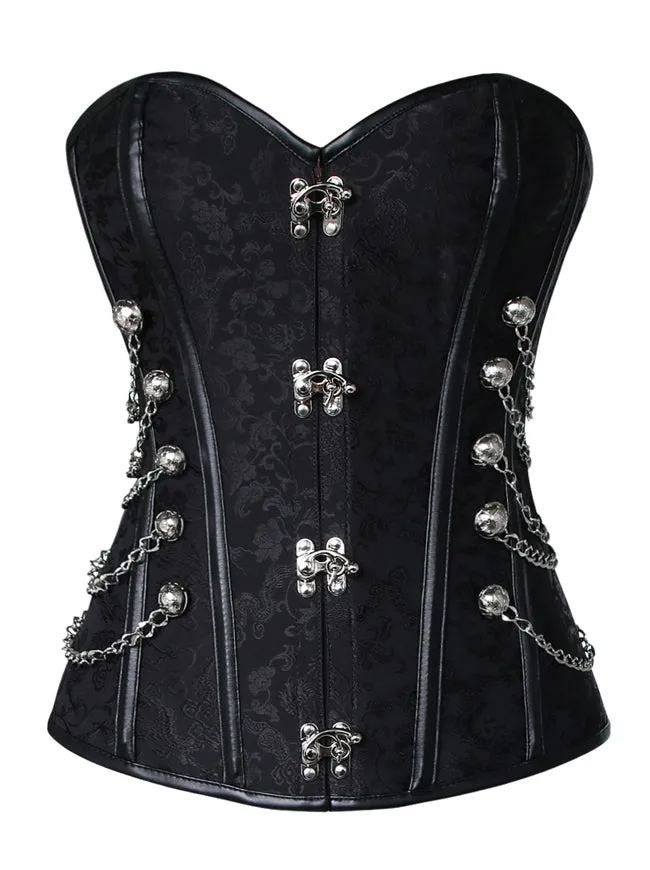 Women Steampunk Gothic Spiral Steel Bones Brocade Overbust Corset with Chains