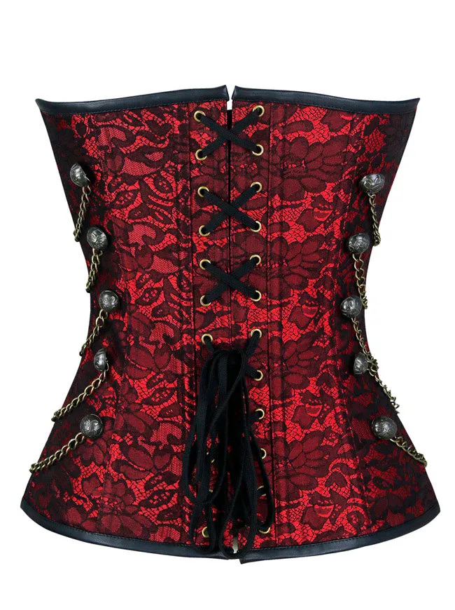 Women Steampunk Gothic Spiral Steel Bones Brocade Overbust Corset with Chains