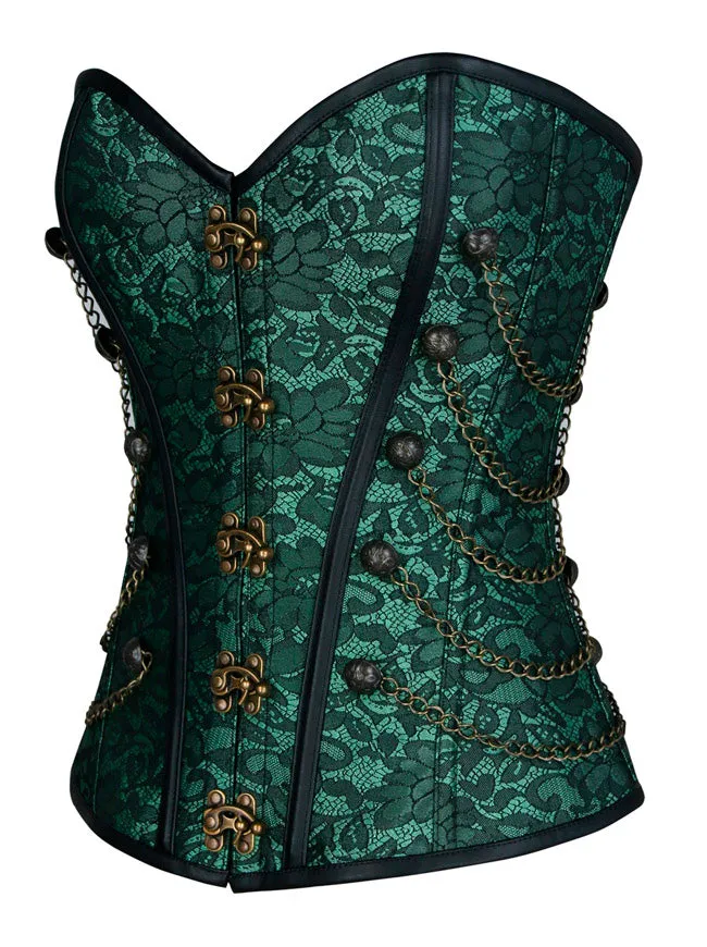Women Steampunk Gothic Spiral Steel Bones Brocade Overbust Corset with Chains