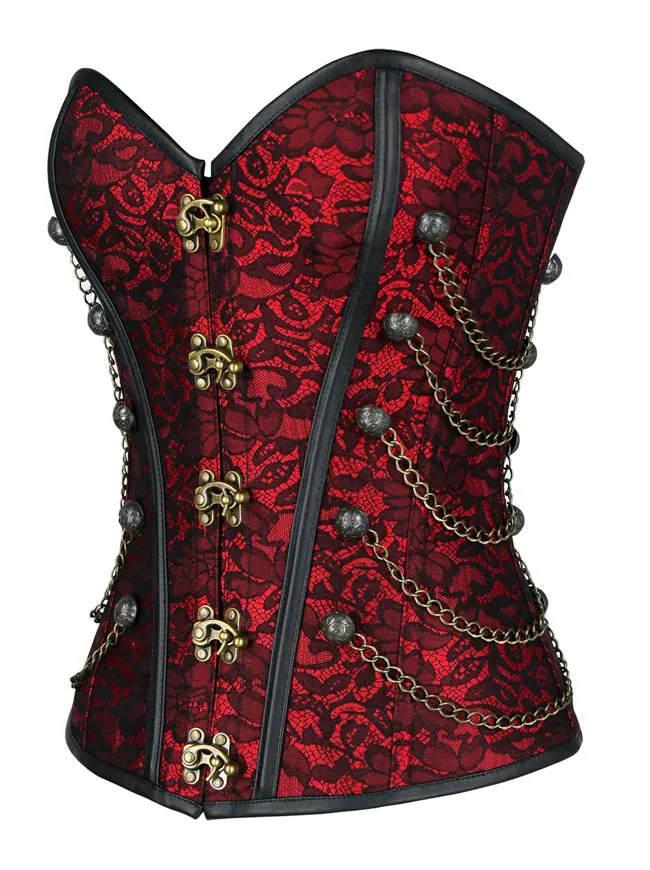 Women Steampunk Gothic Spiral Steel Bones Brocade Overbust Corset with Chains