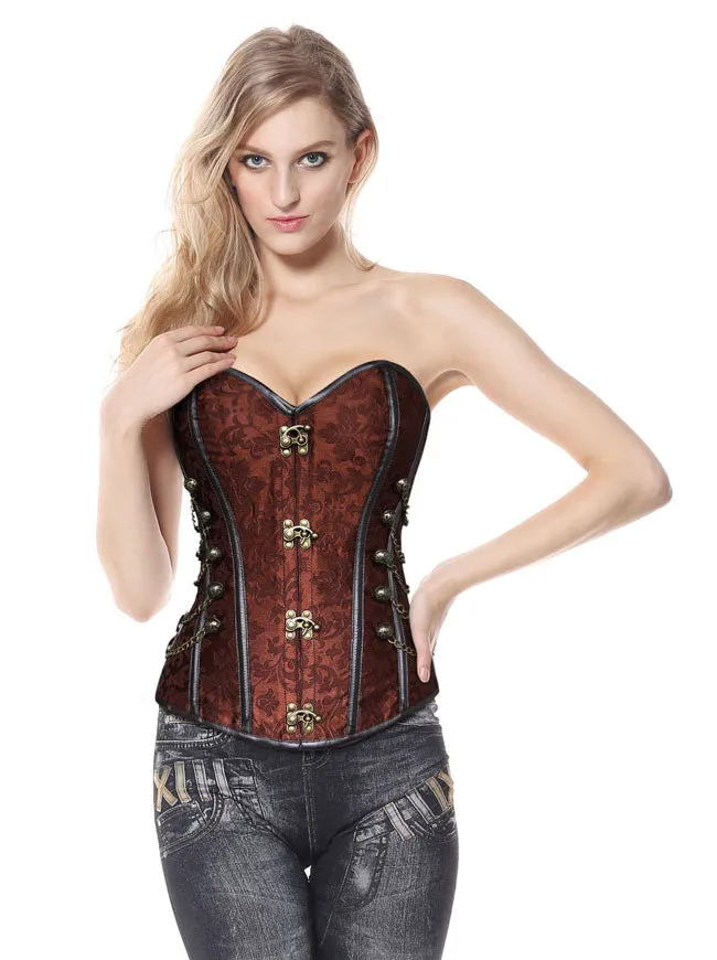 Women Steampunk Gothic Spiral Steel Bones Brocade Overbust Corset with Chains