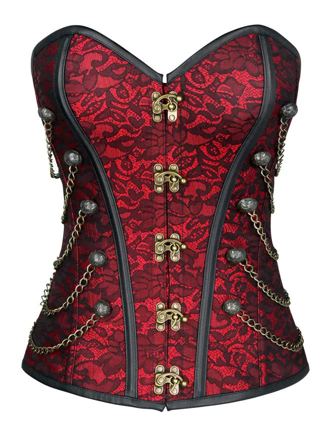 Women Steampunk Gothic Spiral Steel Bones Brocade Overbust Corset with Chains