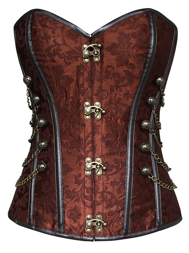 Women Steampunk Gothic Spiral Steel Bones Brocade Overbust Corset with Chains