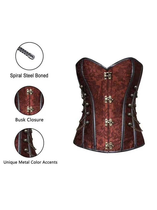 Women Steampunk Gothic Spiral Steel Bones Brocade Overbust Corset with Chains