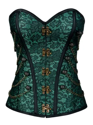 Women Steampunk Gothic Spiral Steel Bones Brocade Overbust Corset with Chains