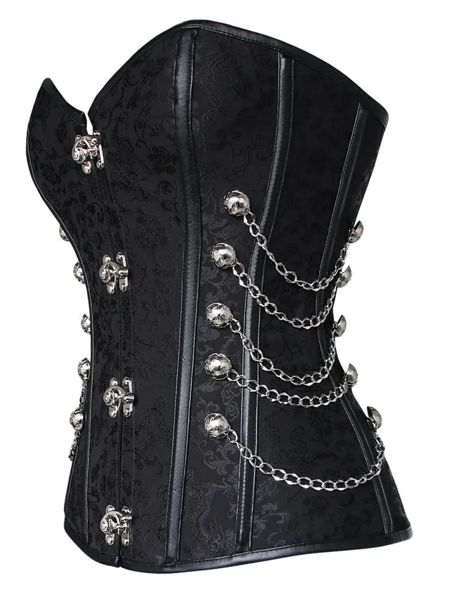 Women Steampunk Gothic Spiral Steel Bones Brocade Overbust Corset with Chains