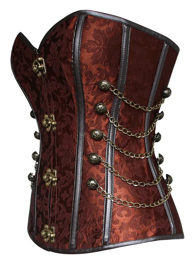 Women Steampunk Gothic Spiral Steel Bones Brocade Overbust Corset with Chains