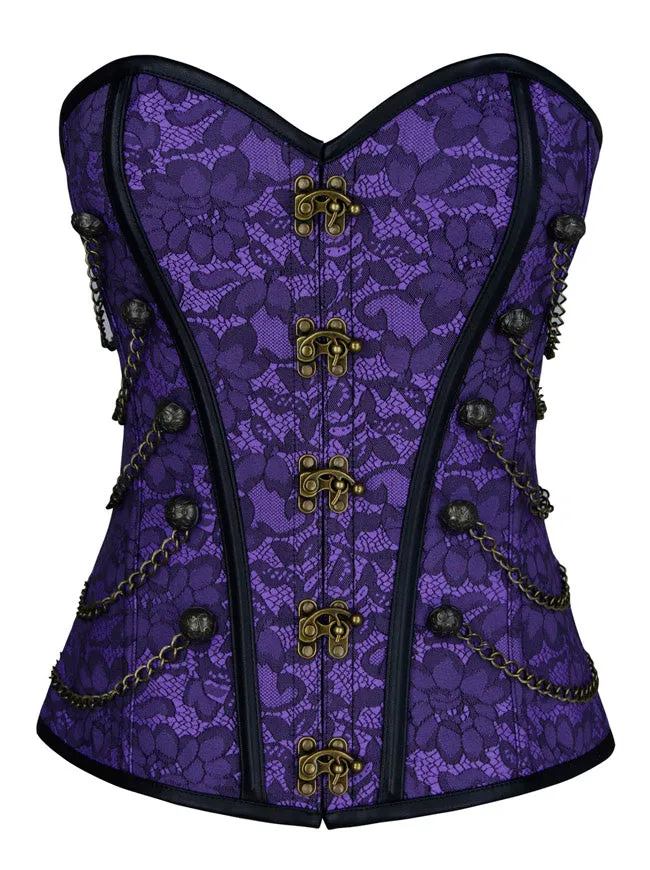 Women Steampunk Gothic Spiral Steel Bones Brocade Overbust Corset with Chains