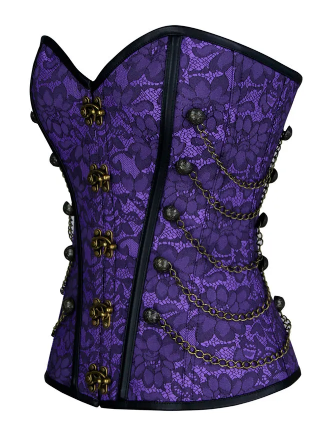 Women Steampunk Gothic Spiral Steel Bones Brocade Overbust Corset with Chains