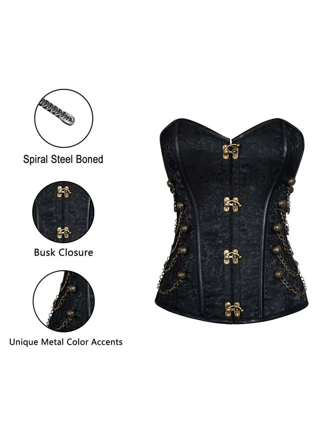 Women Steampunk Gothic Spiral Steel Bones Brocade Overbust Corset with Chains