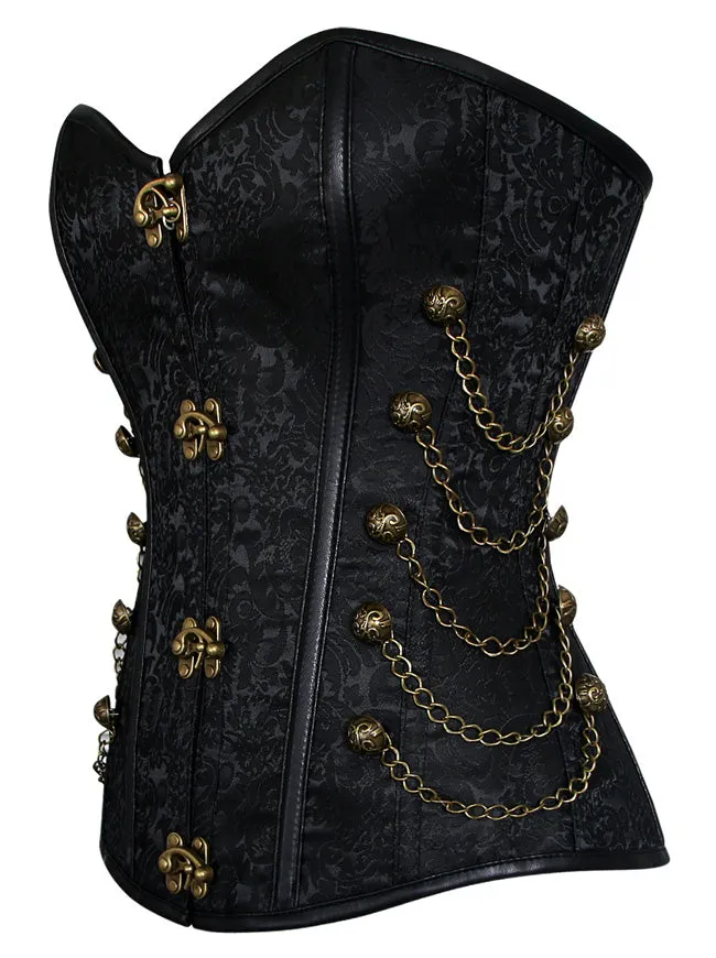 Women Steampunk Gothic Spiral Steel Bones Brocade Overbust Corset with Chains
