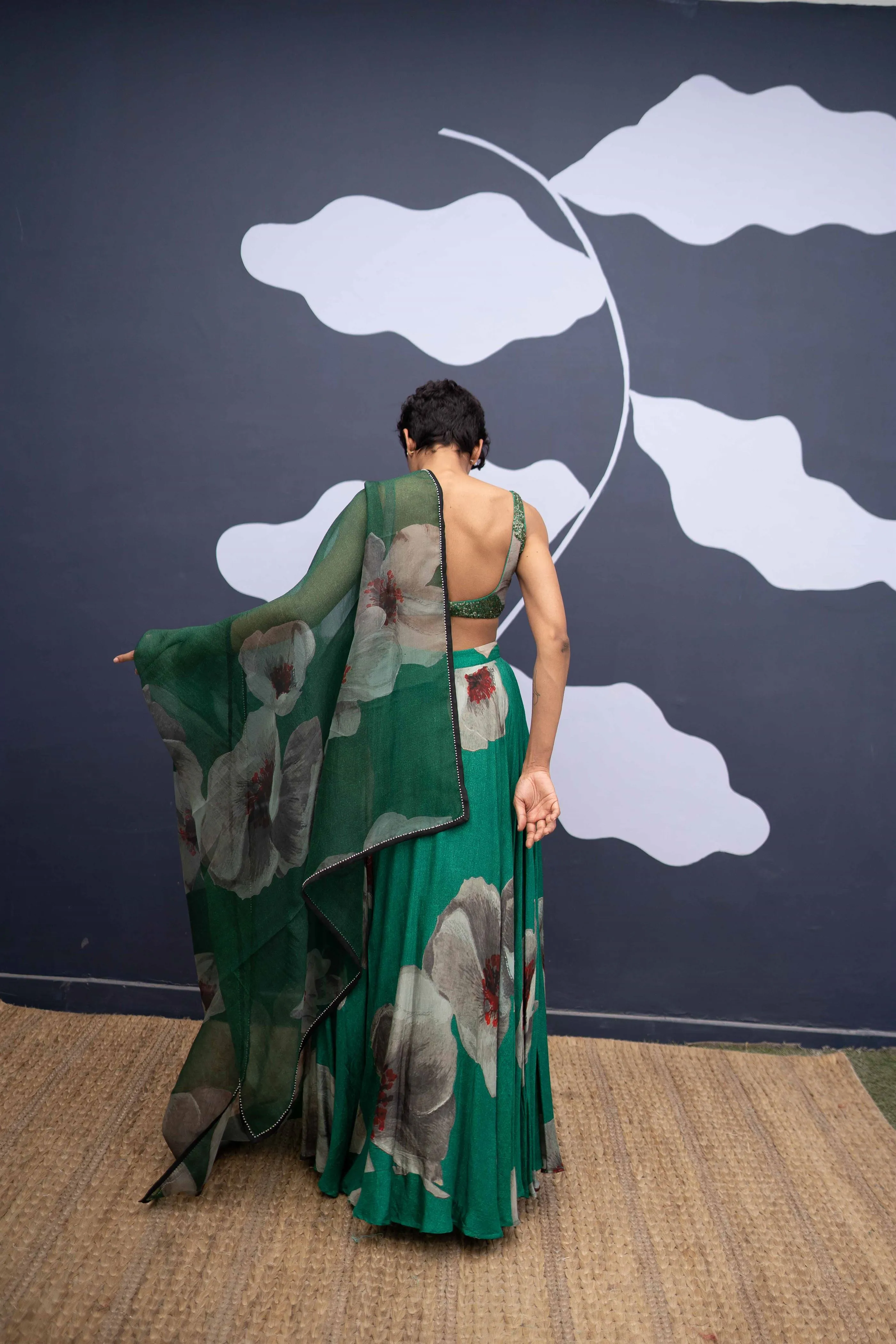 YAM   I  Murcia  WHITE POPPIES LEHENGA 3  (BLOUSE, SKIRT & DUPATTA) SILK GREEN YAMLG09