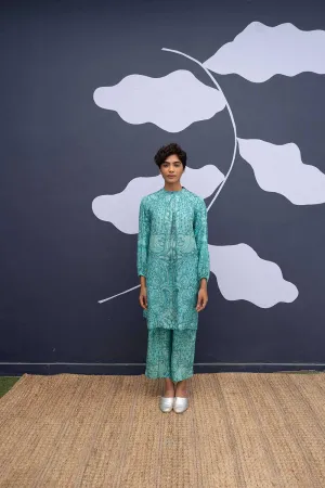 YAM   I   Zona Alta SUMATRA KURTA SET 2  (KURTA & PANTS) PURE HABUTAI SILK BLUE YAMBILLIE42