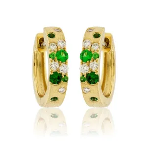 Yellow Gold Satin Finish Flush Set Tsavorite & Diamond Huggie Earrings