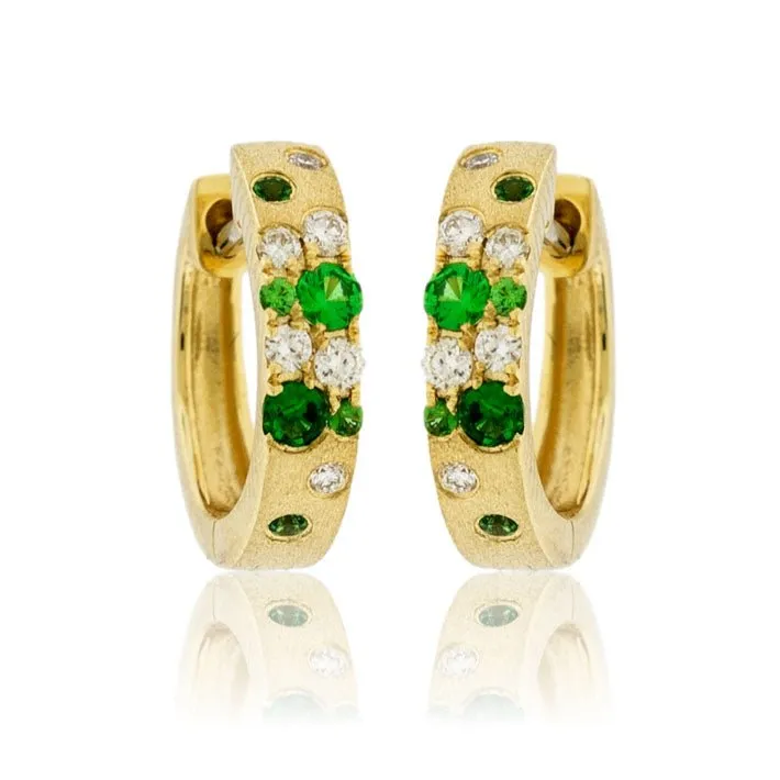 Yellow Gold Satin Finish Flush Set Tsavorite & Diamond Huggie Earrings