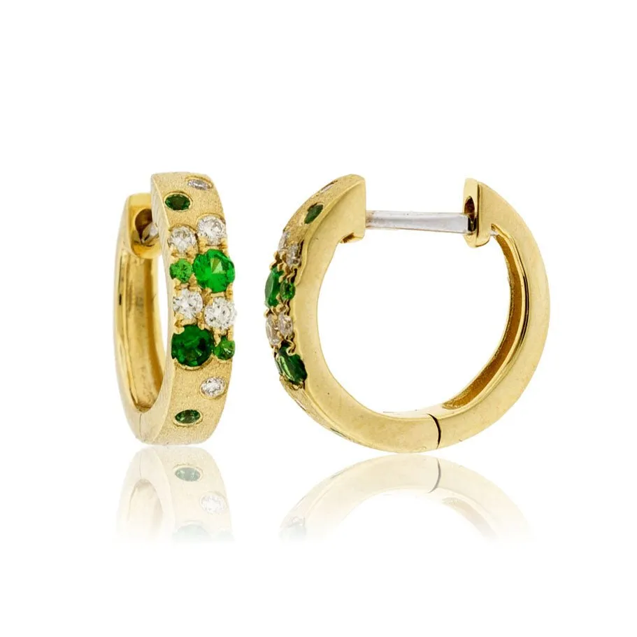 Yellow Gold Satin Finish Flush Set Tsavorite & Diamond Huggie Earrings